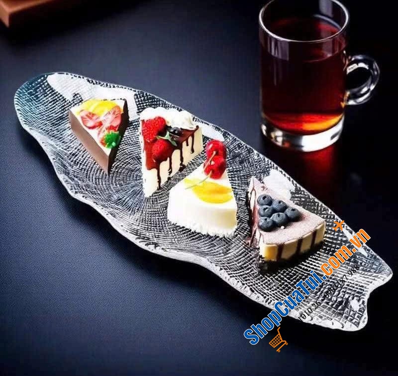 Đĩa thuỷ tinh dài hình lá 52cm Florence handmade.