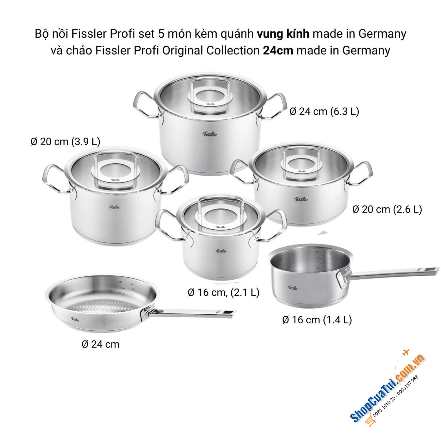 Bộ nồi Fissler Profi set 6 món kèm quánh và chảo inox size 24cm hoặc size 28cm vung kính made in Germany.