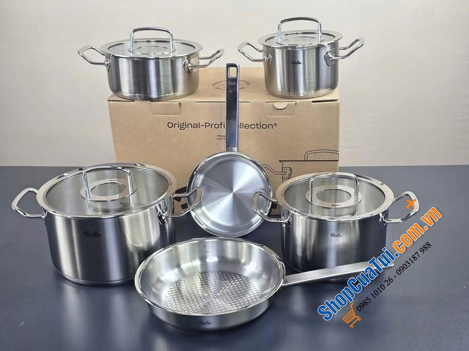 Bộ nồi Fissler Profi set 6 món kèm quánh và chảo inox size 24cm hoặc size 28cm vung kính made in Germany.