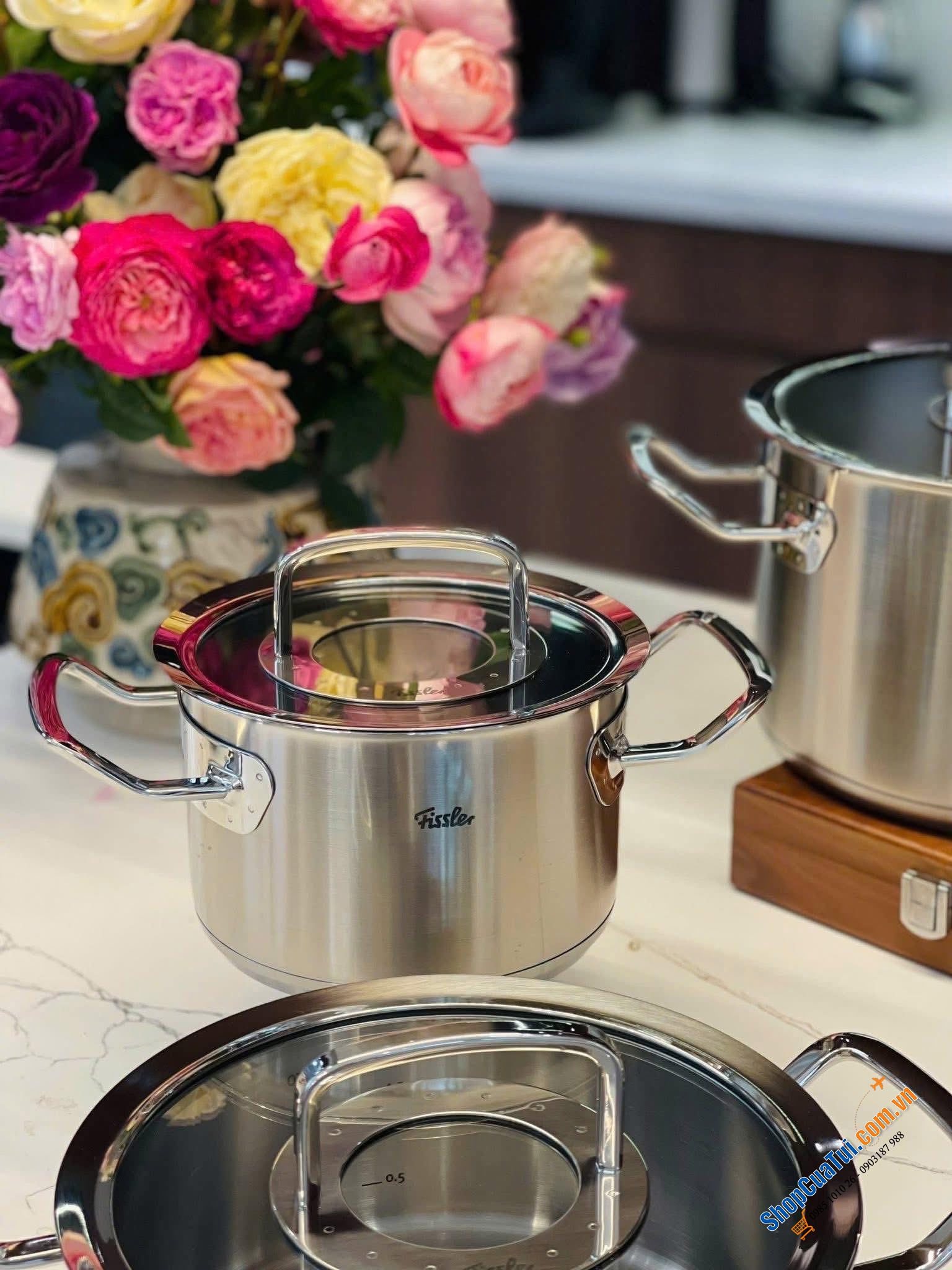 Bộ nồi Fissler Profi set 6 món kèm quánh và chảo inox size 24cm hoặc size 28cm vung kính made in Germany.