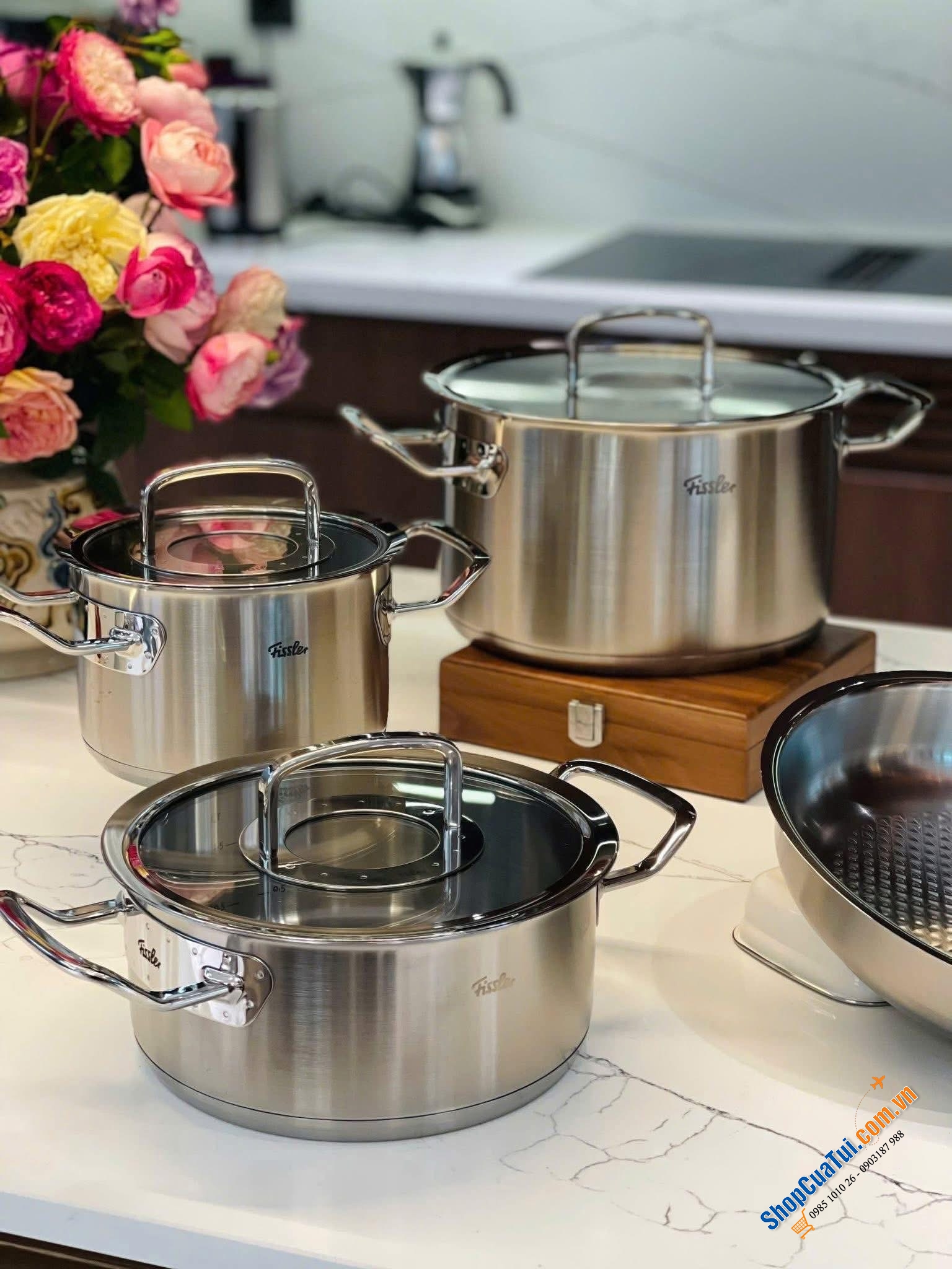 Bộ nồi Fissler Profi set 6 món kèm quánh và chảo inox size 24cm hoặc size 28cm vung kính made in Germany.