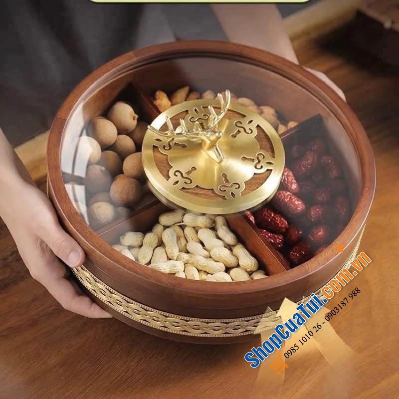 Khay Đựng bánh kẹo tết tròn đế xoay Rtteri Chất Liệu Gỗ Óc Chó Bọc Viền Vàng.