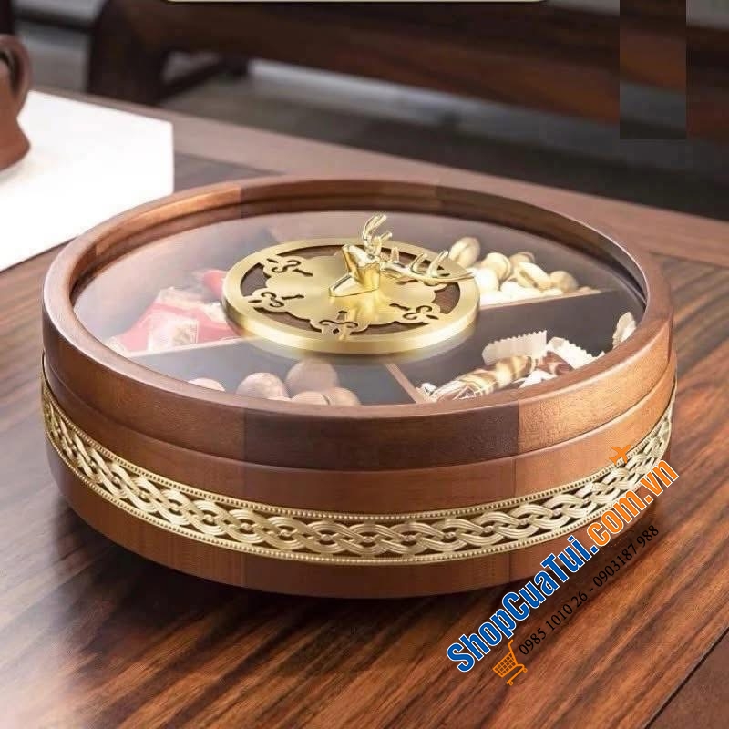 Khay Đựng bánh kẹo tết tròn đế xoay Rtteri Chất Liệu Gỗ Óc Chó Bọc Viền Vàng.