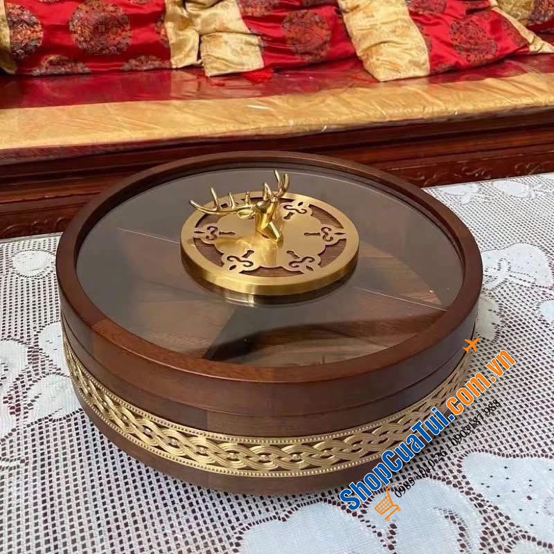 Khay Đựng bánh kẹo tết tròn đế xoay Rtteri Chất Liệu Gỗ Óc Chó Bọc Viền Vàng.