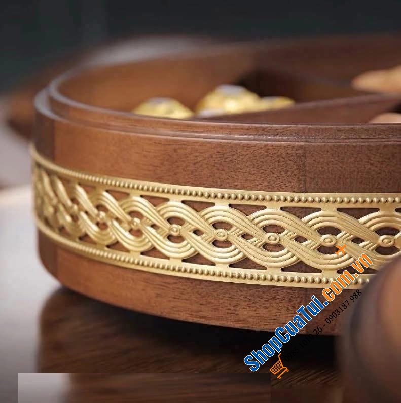 Khay Đựng bánh kẹo tết tròn đế xoay Rtteri Chất Liệu Gỗ Óc Chó Bọc Viền Vàng.
