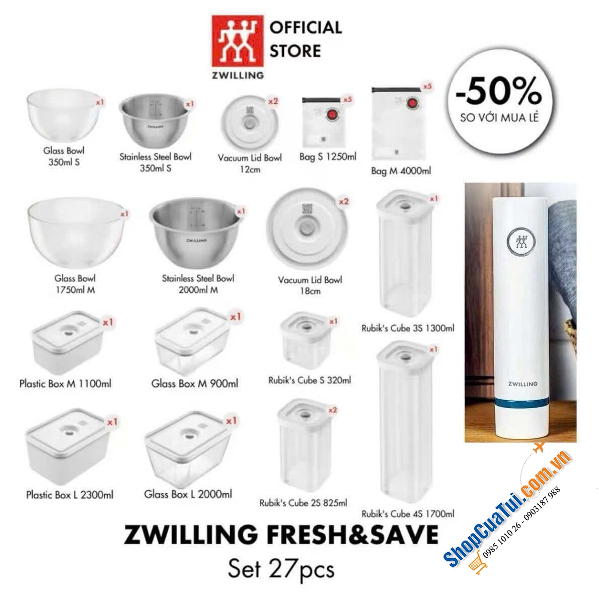 BỘ HÚT CHÂN KHÔNG 27 MÓN ZWILLING tặng kèm máy hút chân không (Tổng 28 món).