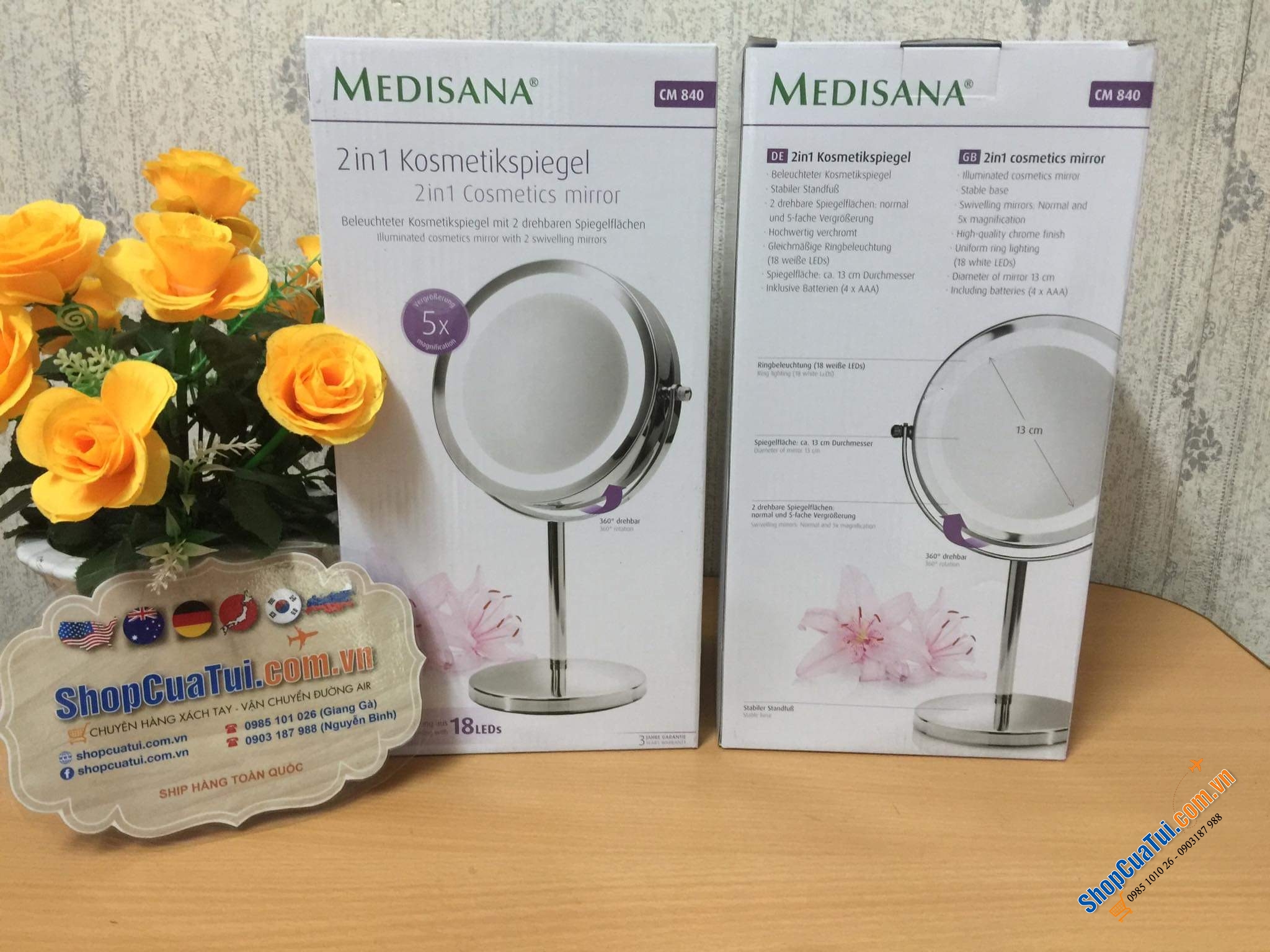Gương trang điểm Medisana 2 in 1với 2 mặt gương: 1 mặt gương thường, 1 mặt gương phóng đại lên x5 lần (soi rõ từng mm trên mặt