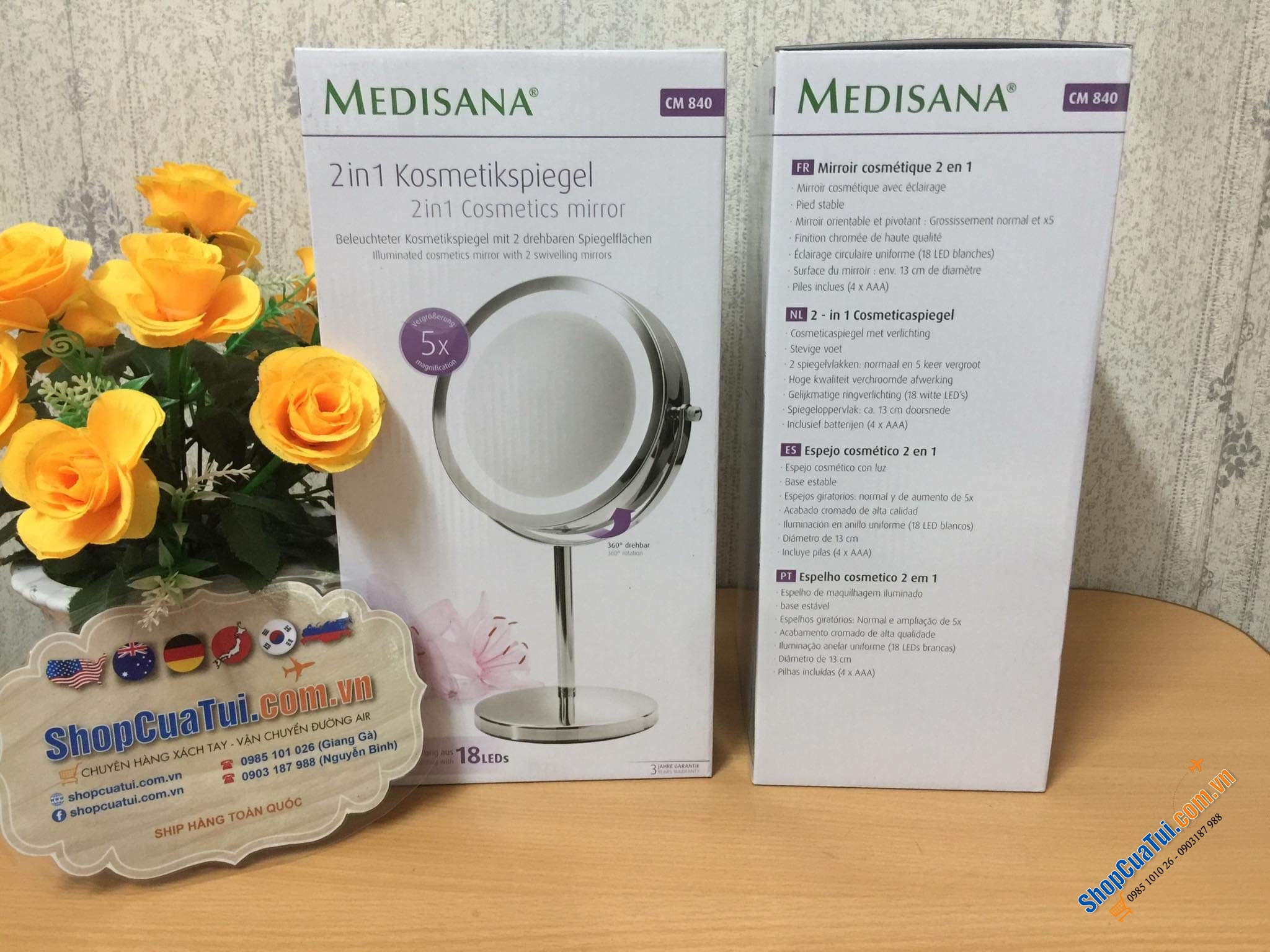 Gương trang điểm Medisana 2 in 1với 2 mặt gương: 1 mặt gương thường, 1 mặt gương phóng đại lên x5 lần (soi rõ từng mm trên mặt