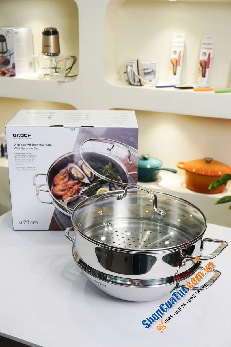 BỘ CHẢO WOK + XỬNG HẤP INOX 304 GKÖCH.