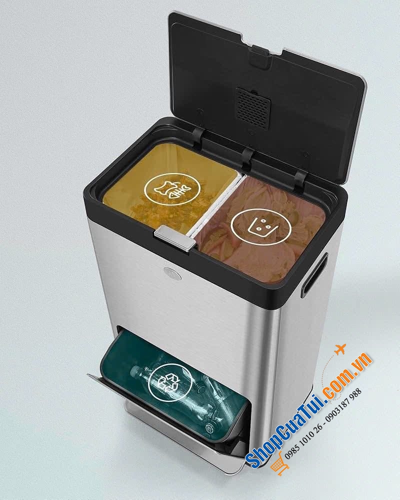 Thùng rác đạp chân 2 ngăn 17L + 1 ngăn 26L Songmics màu bạc - LTB550E60.
