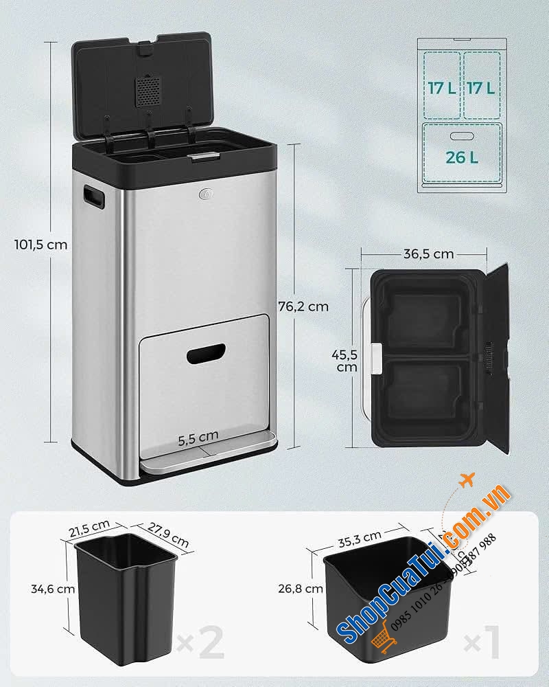 Thùng rác đạp chân 2 ngăn 17L + 1 ngăn 26L Songmics màu bạc - LTB550E60.