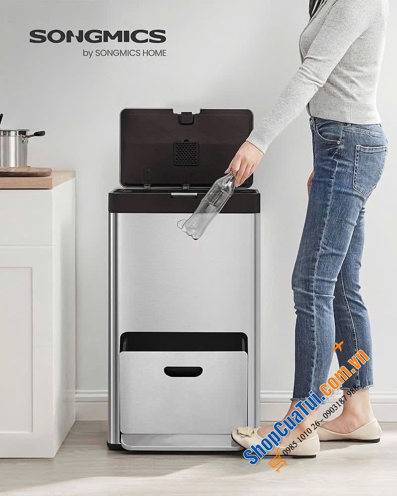Thùng rác đạp chân 2 ngăn 17L + 1 ngăn 26L Songmics màu bạc - LTB550E60.