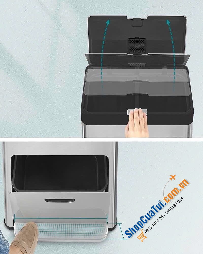 Thùng rác đạp chân 2 ngăn 17L + 1 ngăn 26L Songmics màu bạc - LTB550E60.
