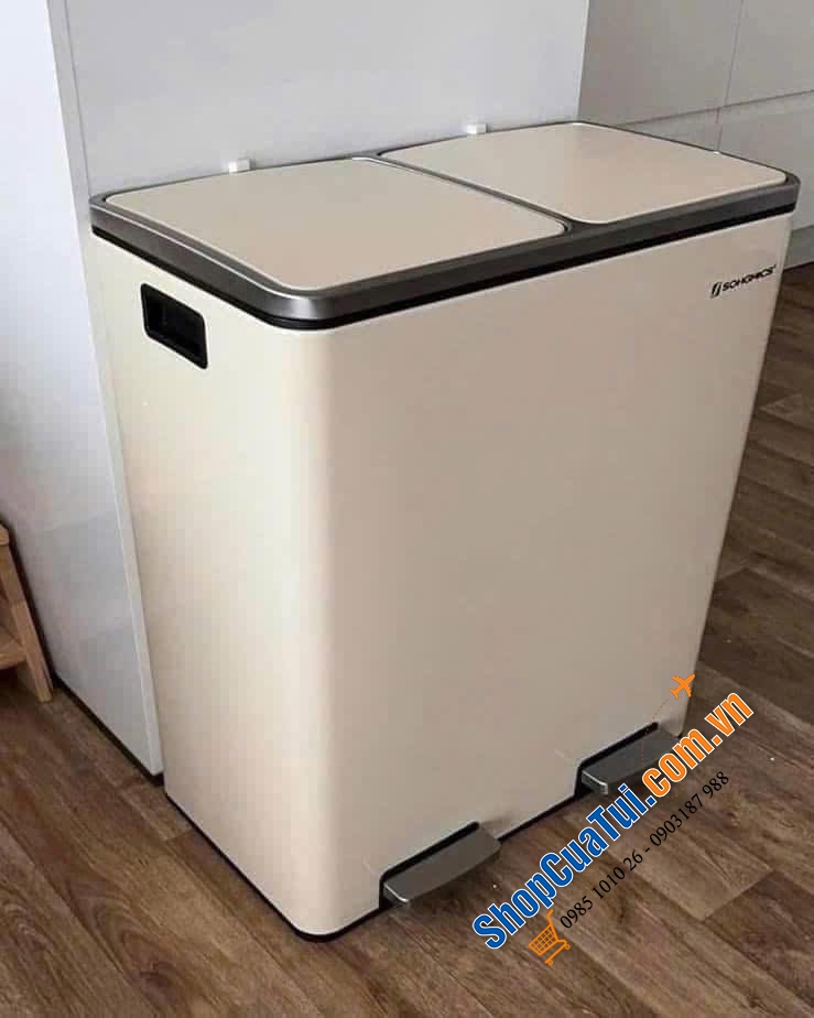 Thùng rác Songmics 60L 2 ngăn mầu kem.