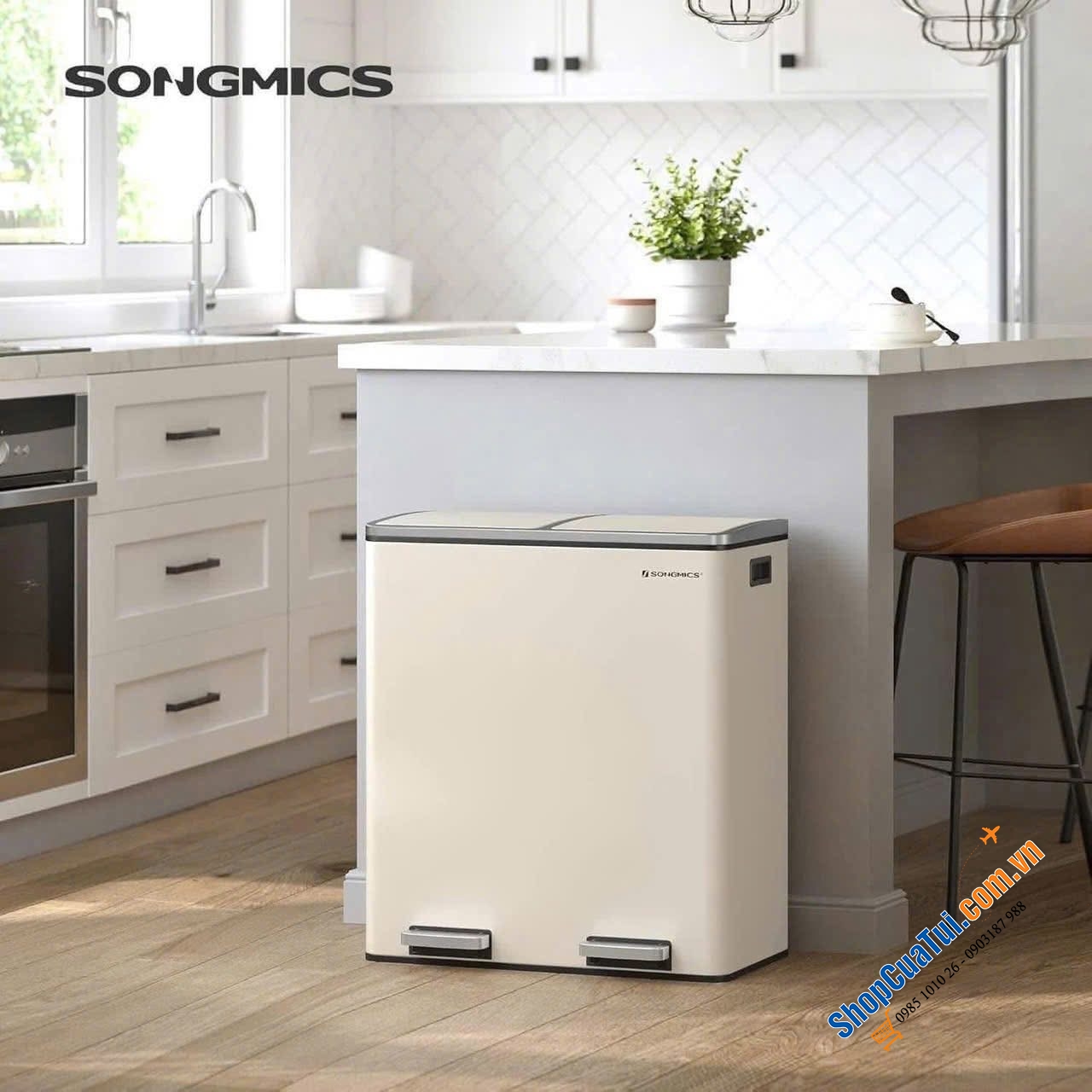 Thùng rác Songmics 60L 2 ngăn mầu kem.