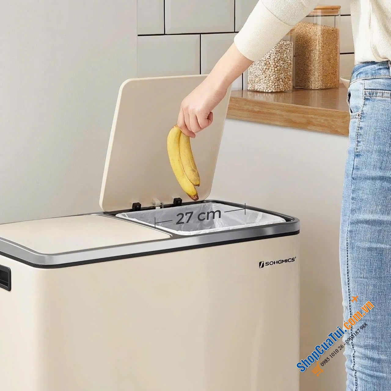 Thùng rác Songmics 60L 2 ngăn mầu kem.