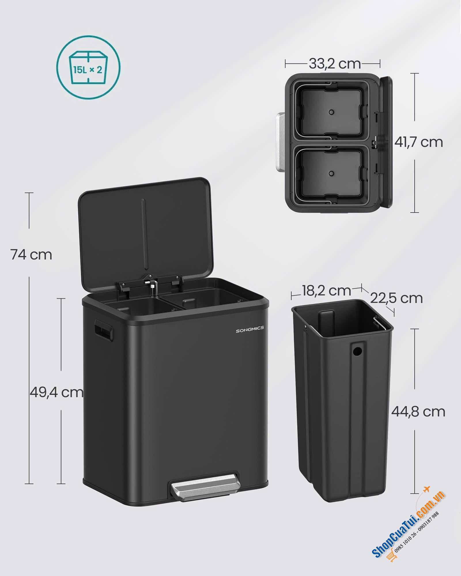 Thùng rác đạp chân Songmics 2 ngăn x 15L (đen / trắng) - LTB544B02 / LTB544W02.