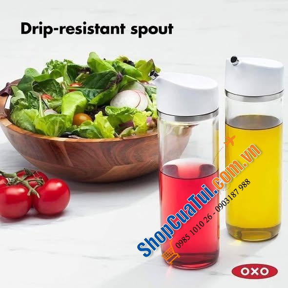 Sét hai bình thủy tinh đựng dầu, giấm, nước tương Oxo.