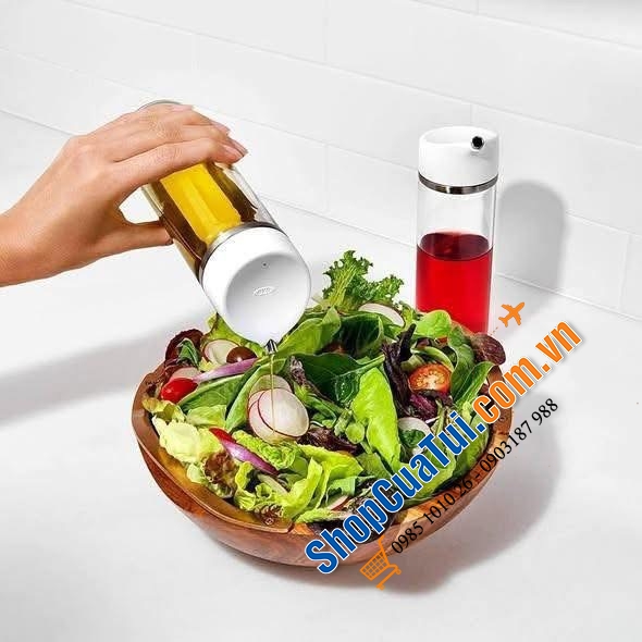 Sét hai bình thủy tinh đựng dầu, giấm, nước tương Oxo.