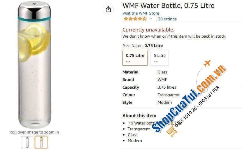 BÌNH ĐỰNG NƯỚC WMF THUỶ TINH 750ml.