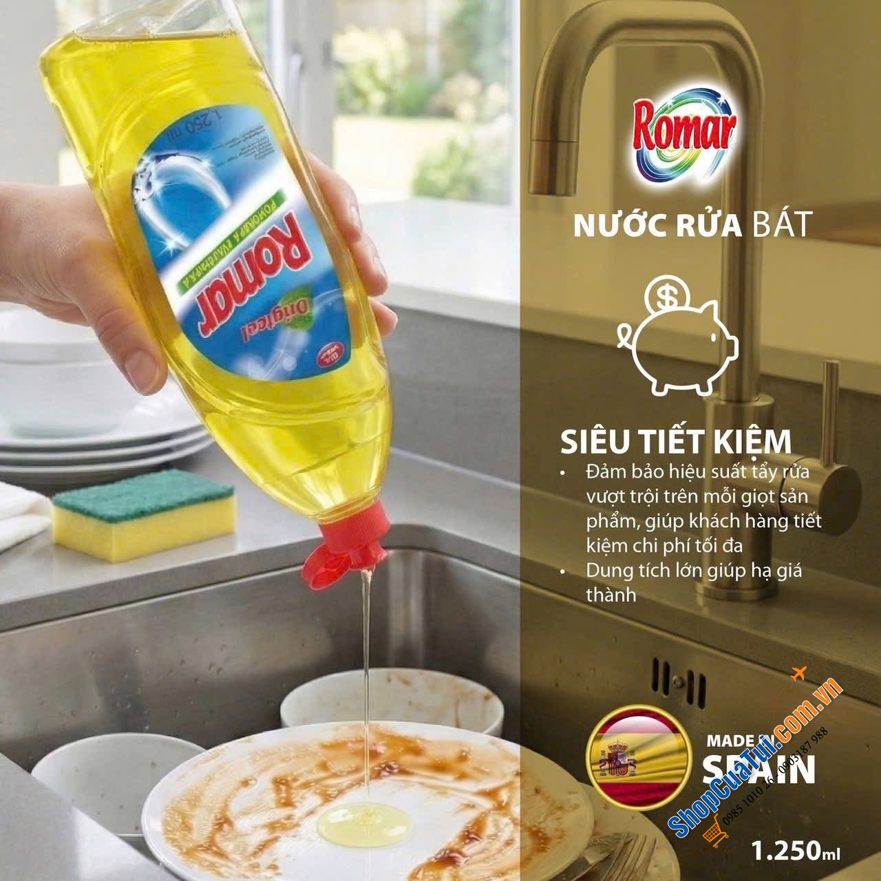 NƯỚC RỬA CHÉN ROMAR DISHWASHING – SỨC MẠNH ĐẬM ĐẶC 1.250ml.