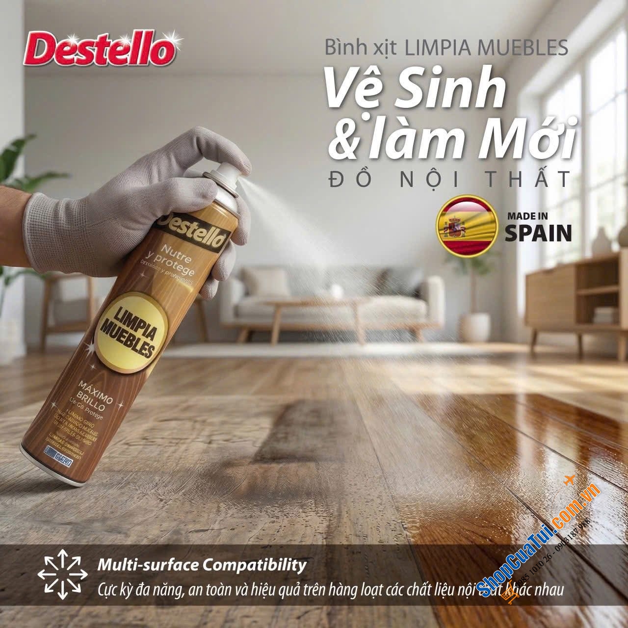 CHAI XỊT VỆ SINH ĐỒ NỘI THẤT DESTELLO FURNITURE POLISH -PHÙ THUỶ- HỒI SINH NỘI THẤT TỪ TÂY BAN NHA.