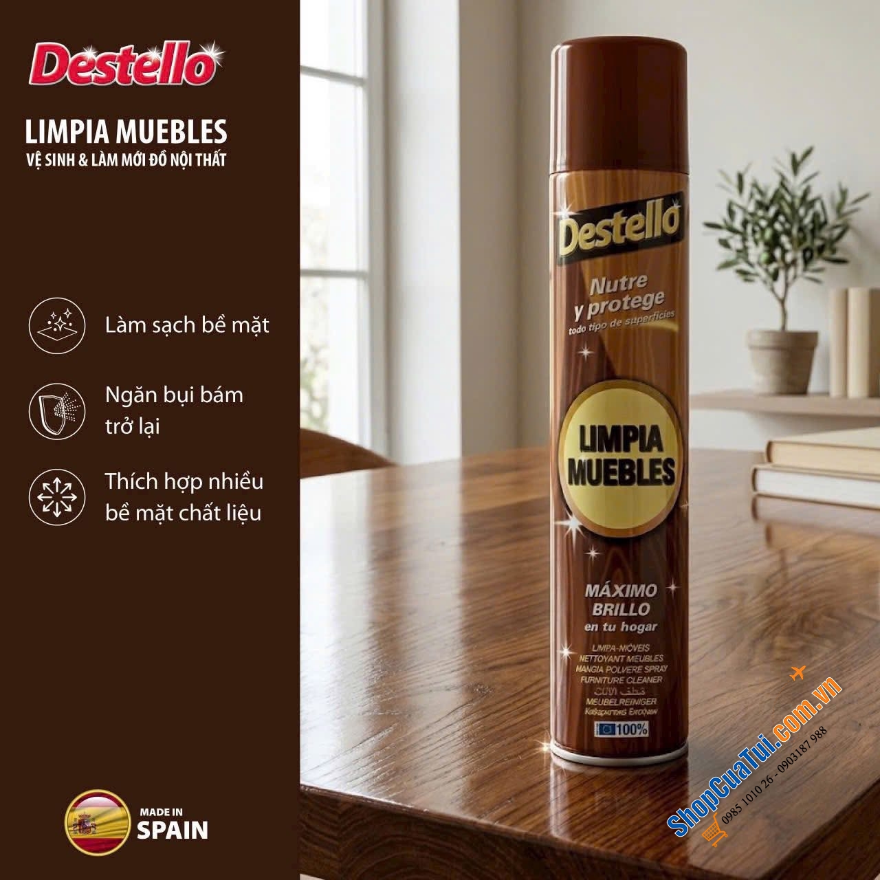 CHAI XỊT VỆ SINH ĐỒ NỘI THẤT DESTELLO FURNITURE POLISH -PHÙ THUỶ- HỒI SINH NỘI THẤT TỪ TÂY BAN NHA.