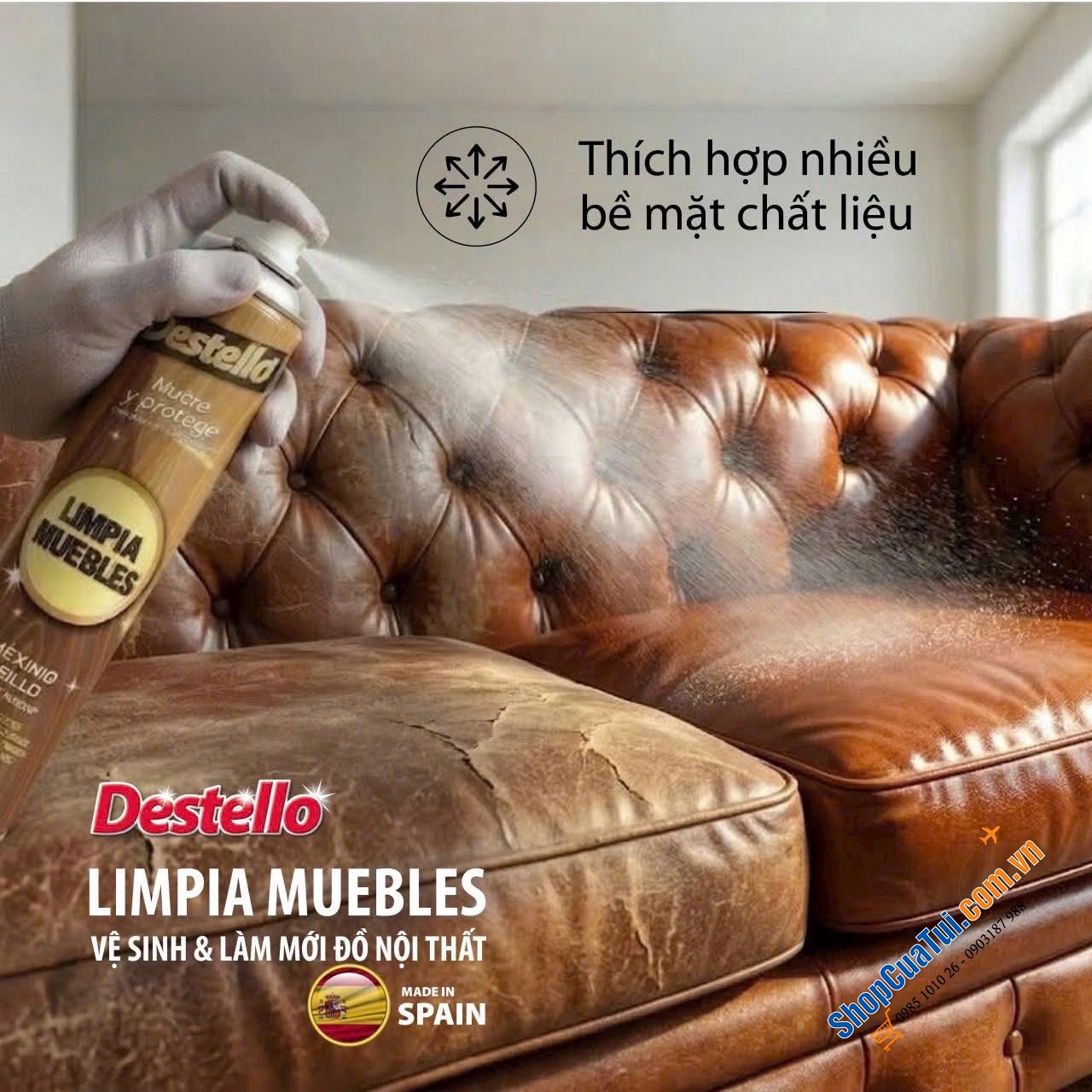 CHAI XỊT VỆ SINH ĐỒ NỘI THẤT DESTELLO FURNITURE POLISH -PHÙ THUỶ- HỒI SINH NỘI THẤT TỪ TÂY BAN NHA.