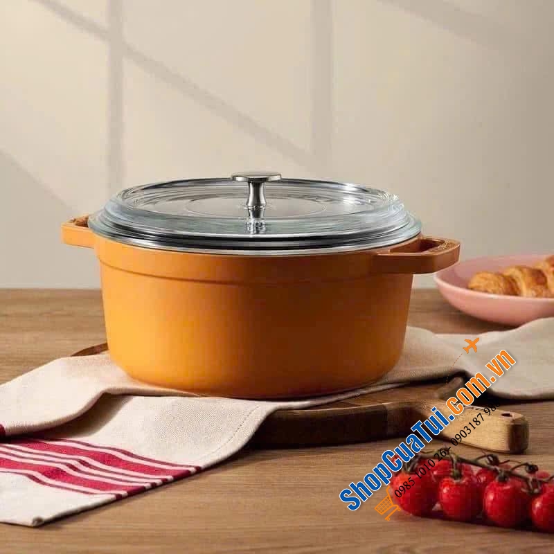 NỒI GANG STAUB 24cm vung kính kèm xửng hấp - vàng mù tạt, graphite xám.