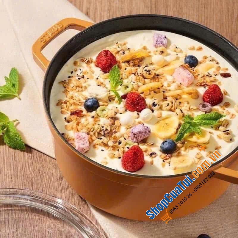 NỒI GANG STAUB 24cm vung kính kèm xửng hấp - vàng mù tạt, graphite xám.