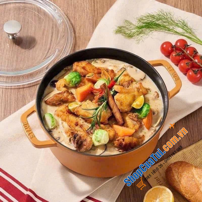 NỒI GANG STAUB 24cm vung kính kèm xửng hấp - vàng mù tạt, graphite xám.