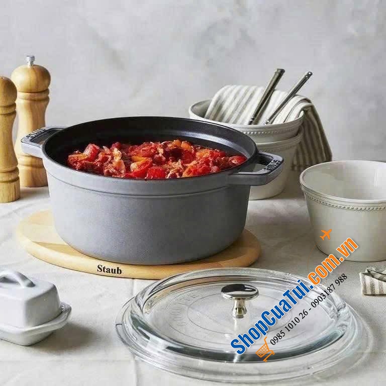 NỒI GANG STAUB 24cm vung kính kèm xửng hấp - vàng mù tạt, graphite xám.
