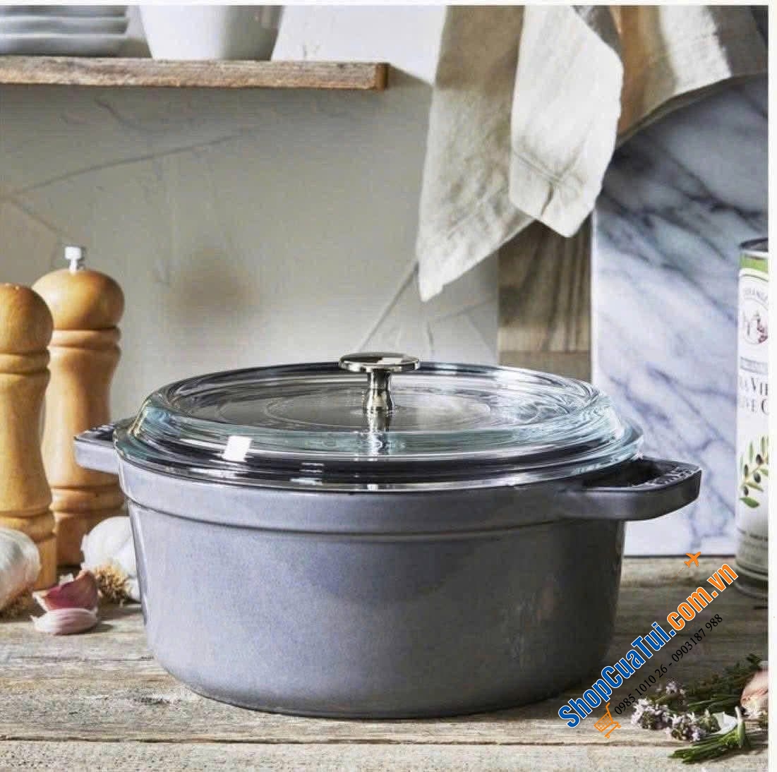 NỒI GANG STAUB 24cm vung kính kèm xửng hấp - vàng mù tạt, graphite xám.