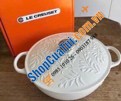 Nồi sâu lòng Le Creuset sz 28cm hoạ tiết hoa lá cành trắng tinh khôi.