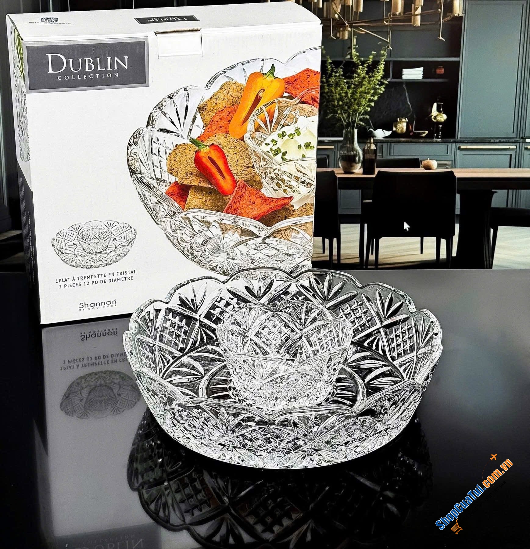 Đĩa pha lê khai vị kèm chén nước chấm GODINGER Dublin đường kính 30cm.
