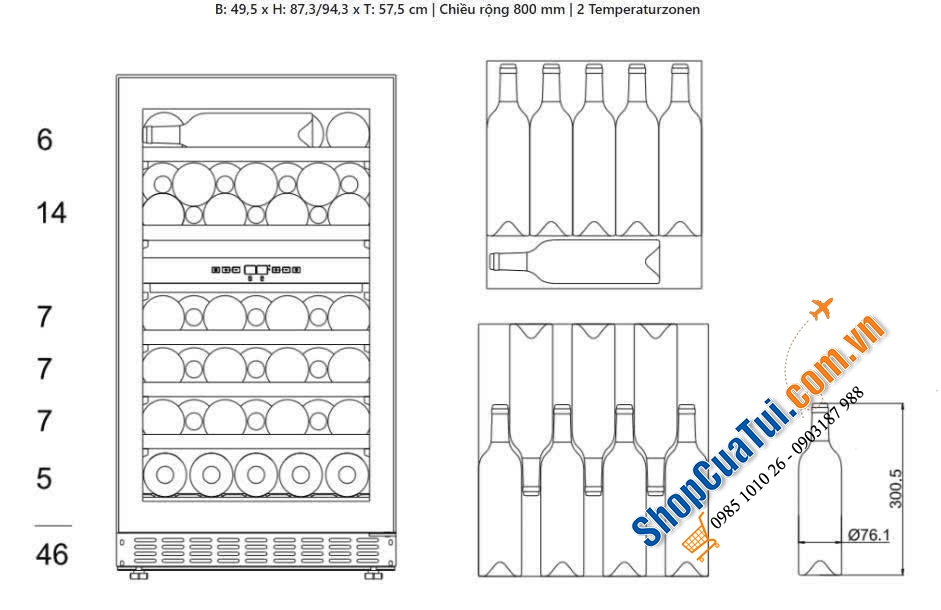 Tủ rượu vang mQuvée WineCave 800 50D Fullglass Black 46 chai âm tường.
