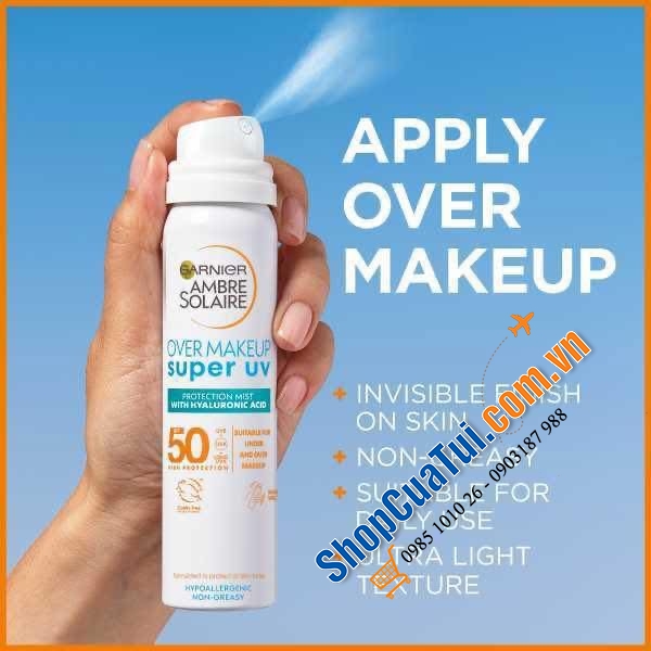 XỊT CHỐNG NẮNG Garnier Super UV Over Makeup Mist SPF50+ – TIỆN LỢI CẢ NGÀY!