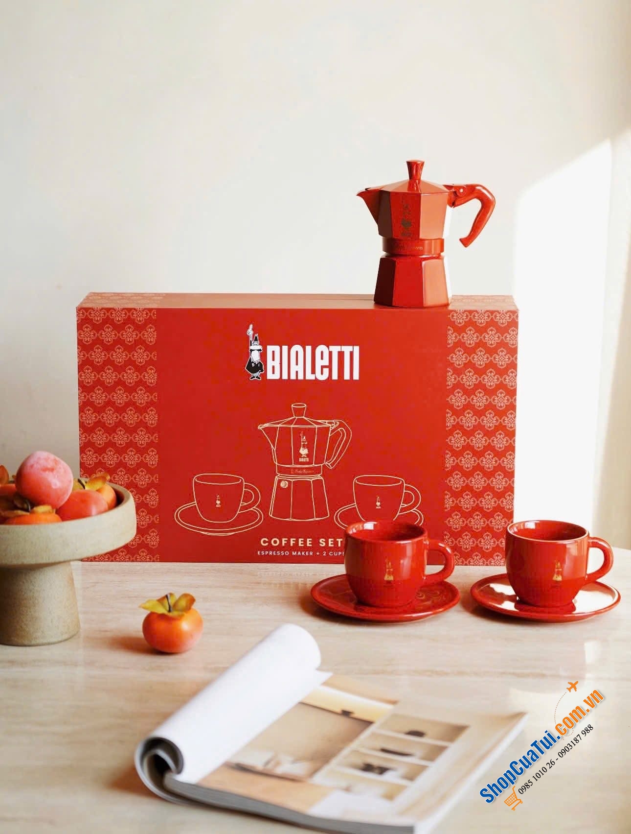 Set ấm Bialleti Moka + 2 ly sứ cao cấp.