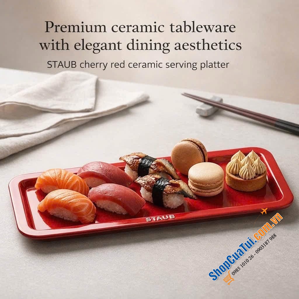 Khay chữ nhật Staub đỏ bày sushi, bánh ngọt, trái cây, finger food....