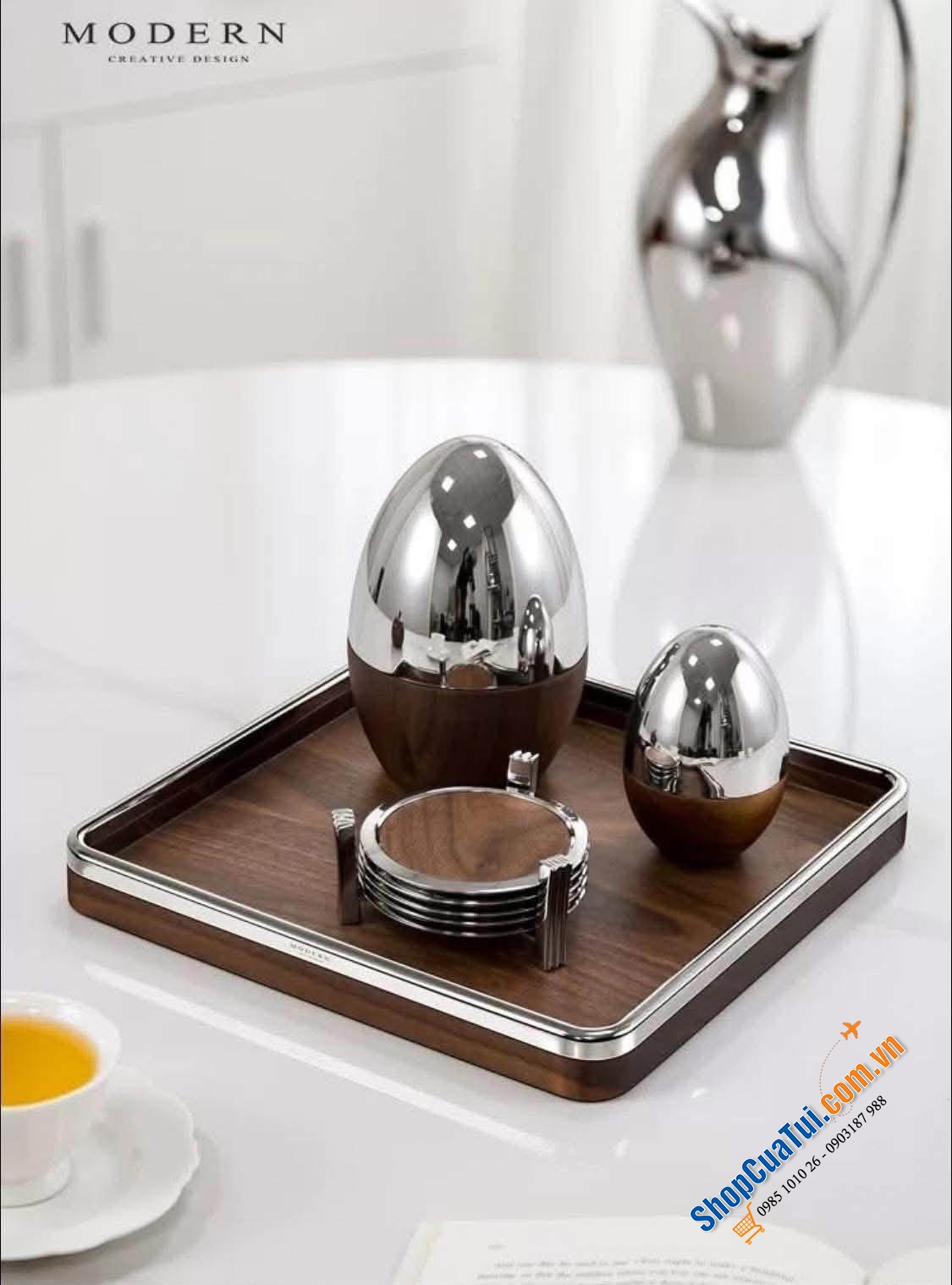 Khay gỗ óc chó kim loại Modern.