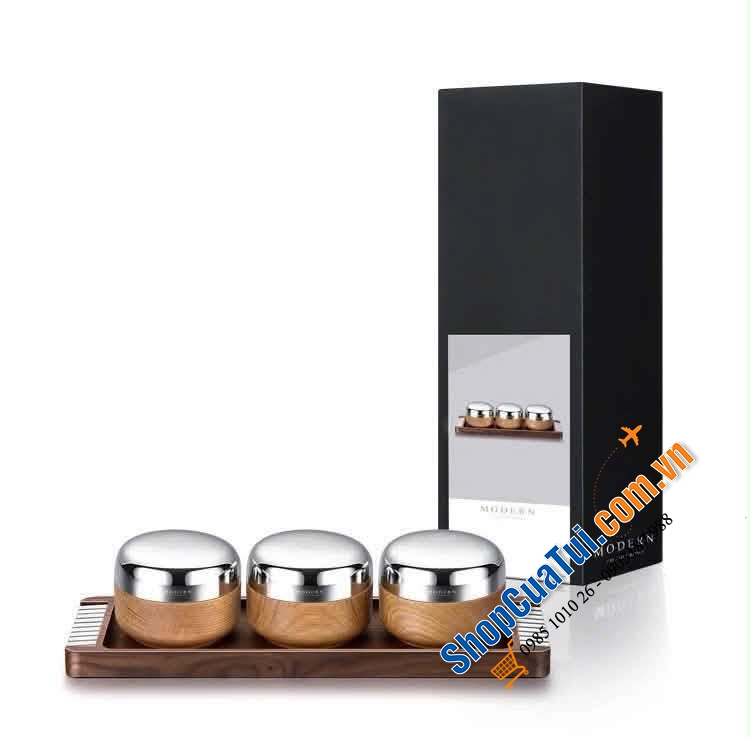 Set hũ gia vị gỗ – nắp inox cao cấp (kèm khay) Modern.