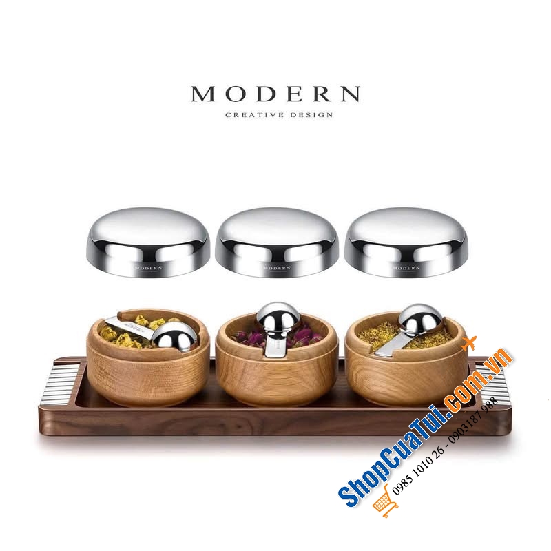 Set hũ gia vị gỗ – nắp inox cao cấp (kèm khay) Modern.