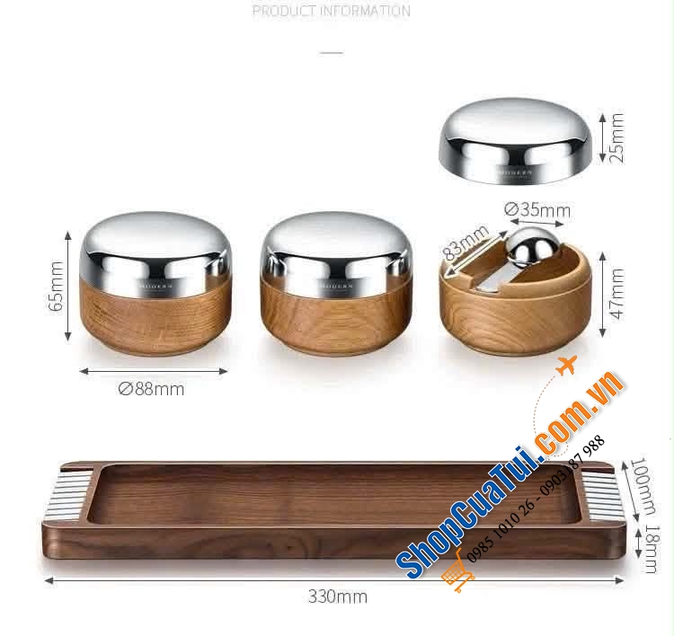 Set hũ gia vị gỗ – nắp inox cao cấp (kèm khay) Modern.