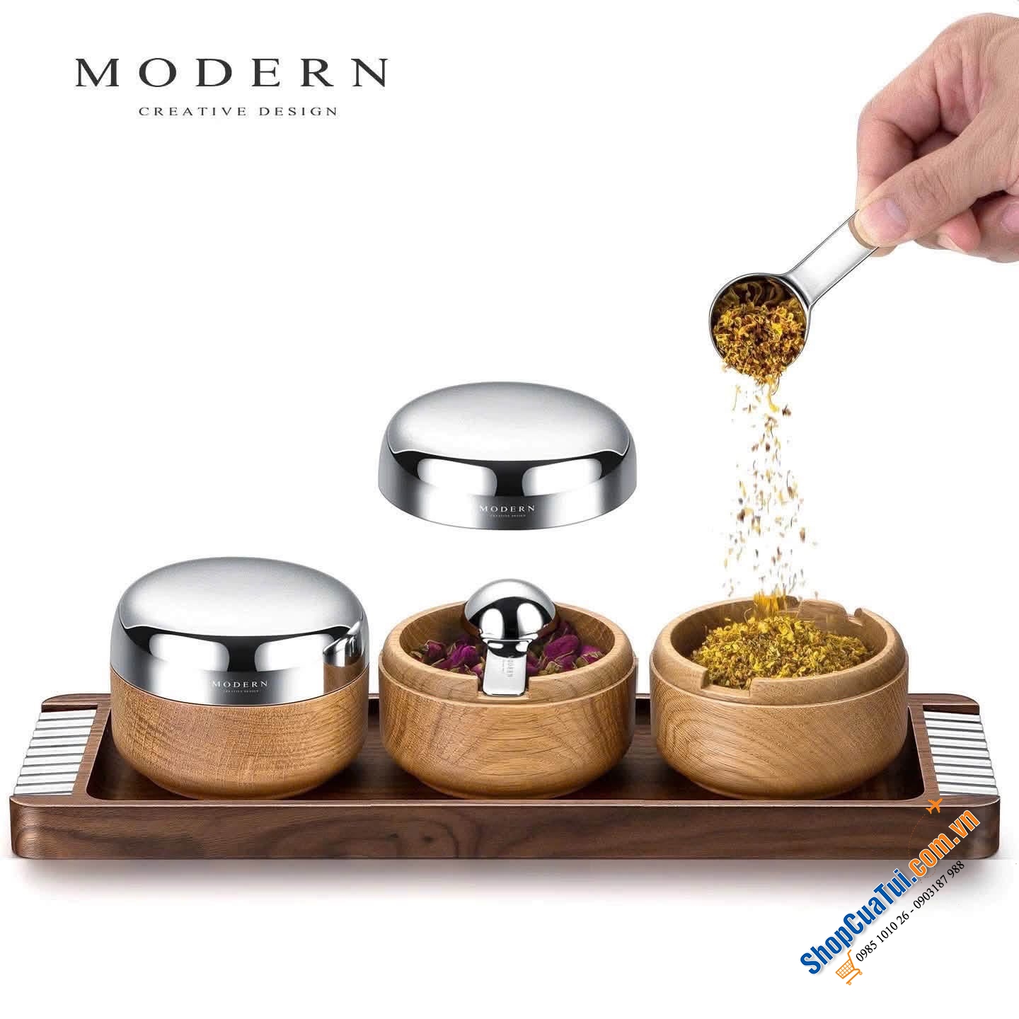 Set hũ gia vị gỗ – nắp inox cao cấp (kèm khay) Modern.