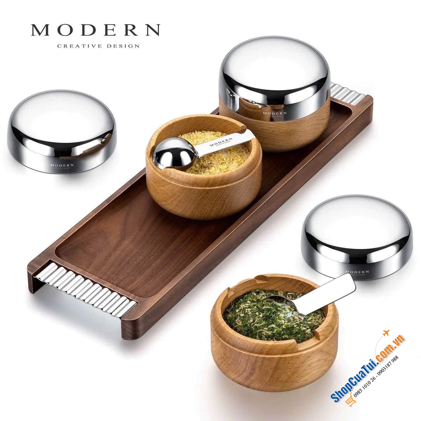Set hũ gia vị gỗ – nắp inox cao cấp (kèm khay) Modern.
