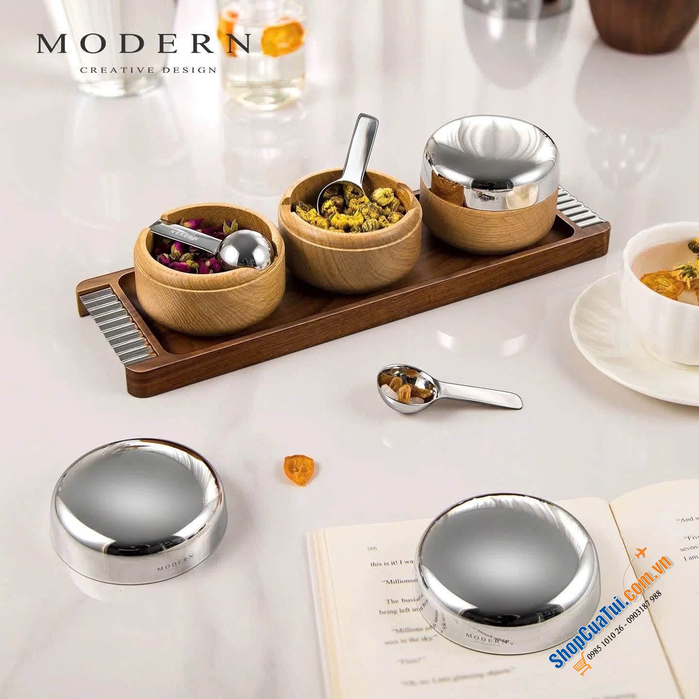 Set hũ gia vị gỗ – nắp inox cao cấp (kèm khay) Modern.