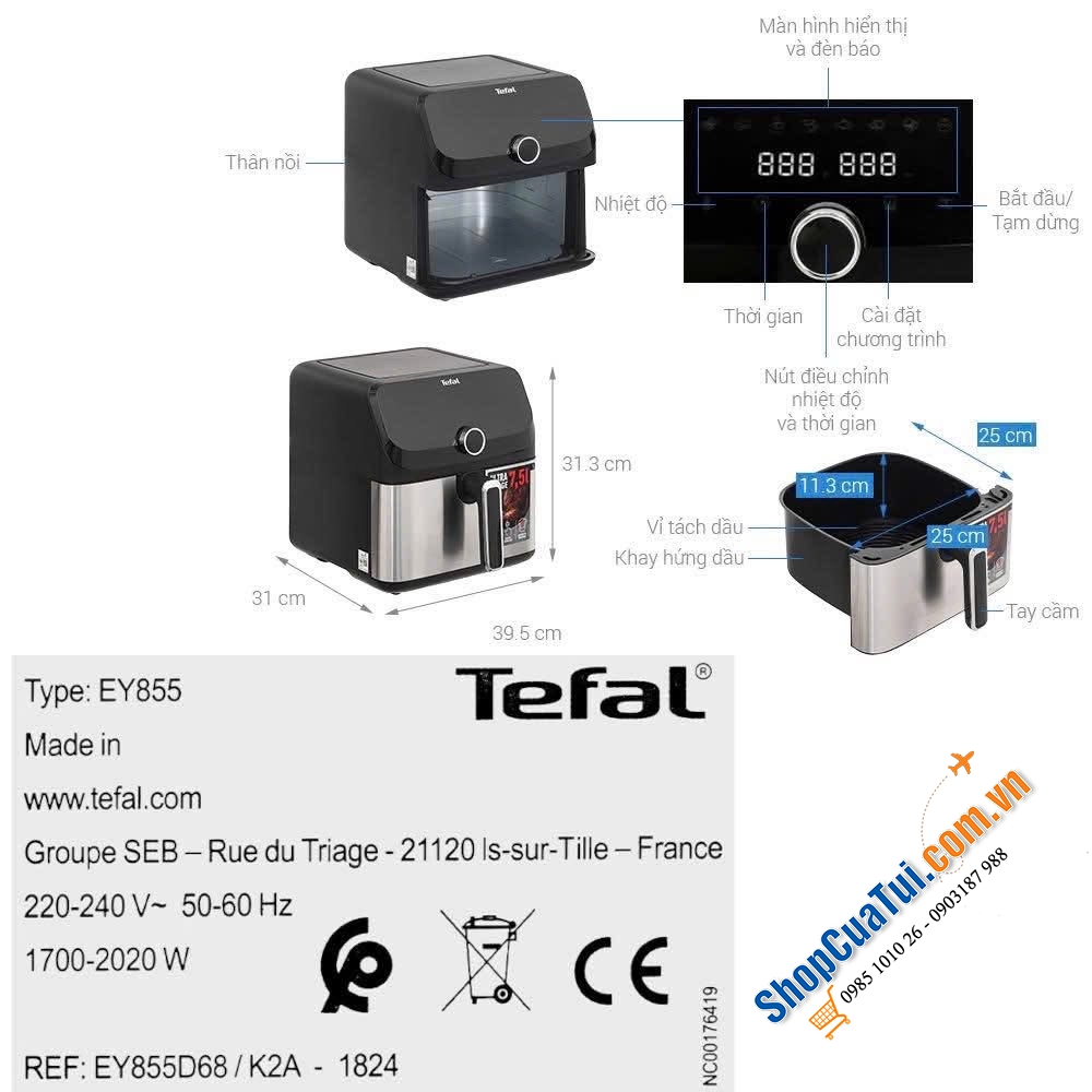 Nồi chiên không dầu điện tử Tefal EY855D68 EasyFry Mega 7.5L.