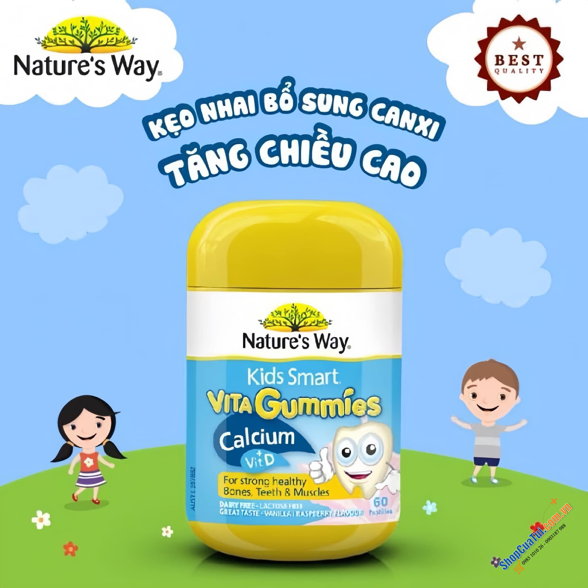 Kẹo dẻo canxi và vitamin D cho bé Nature’s Way Kids Smart Vita-Gummies Calcium vị vani mềm và ngon giúp hỗ trợ bổ sung calcium và vitamin D3 hằng ngày cho bé, giúp trẻ cao lớn, xương khoẻ, chắc răng