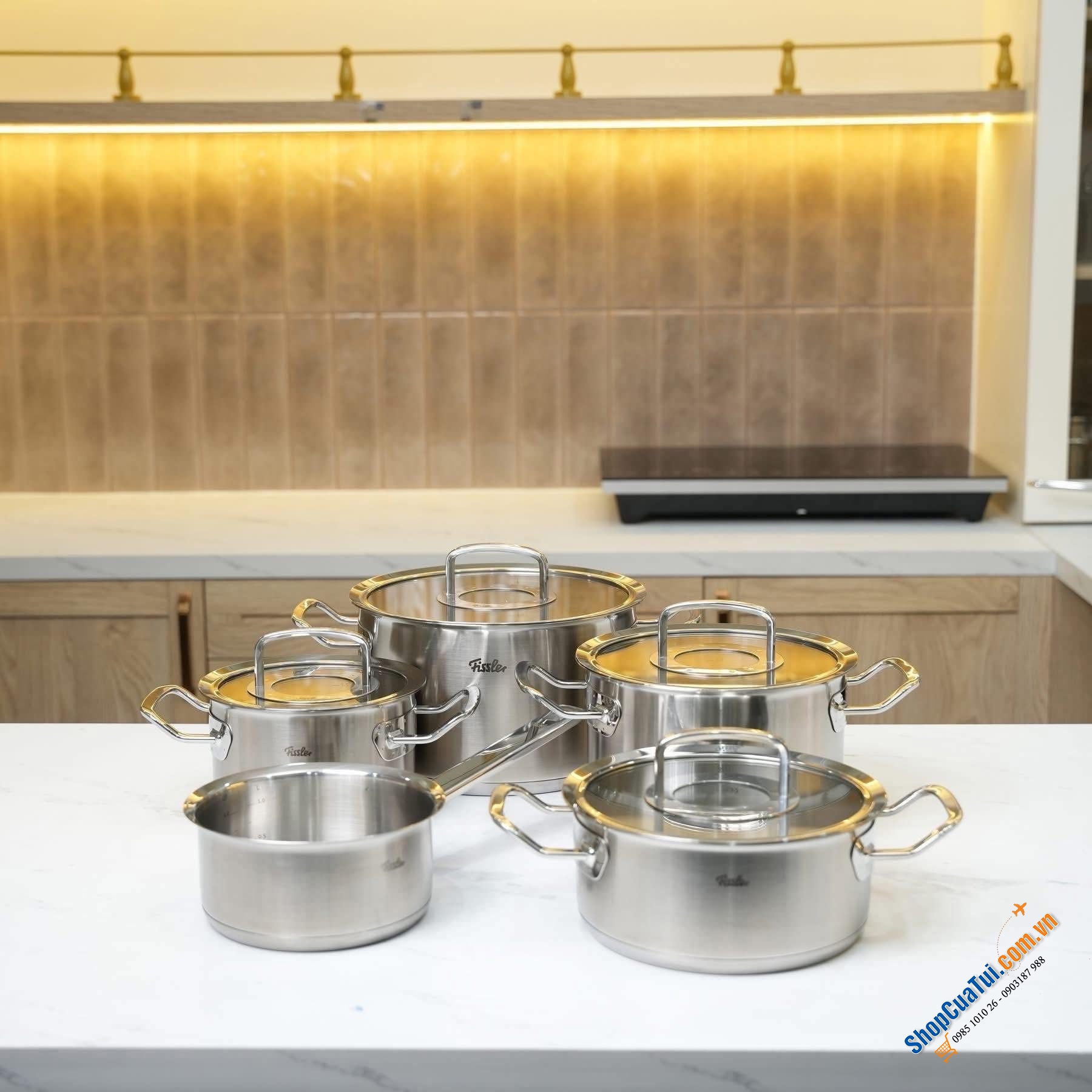 Bộ nồi Fissler Profi set 5 món kèm quánh vung kính made in Germany.