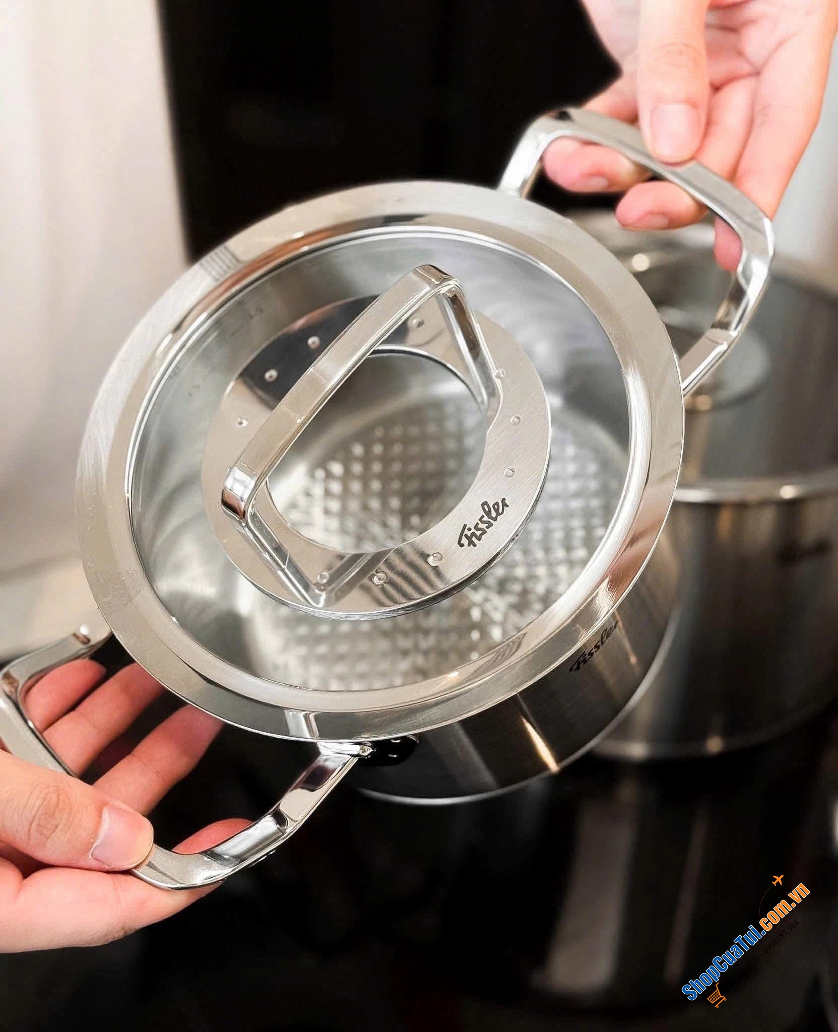 Bộ nồi Fissler Profi set 5 món kèm quánh vung kính made in Germany.